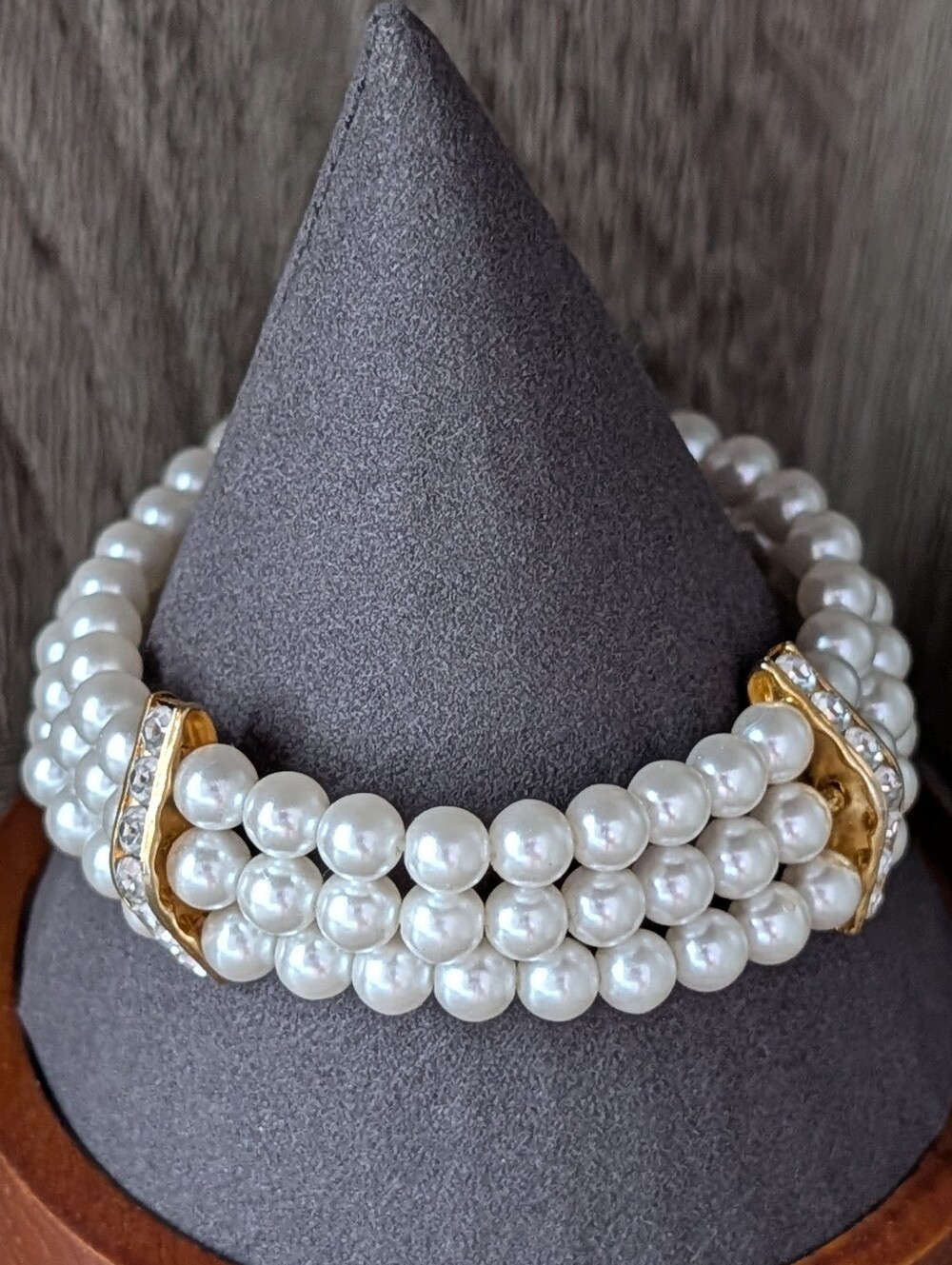 3 Strand Faux Pearl Bracelet with Gold Tone Clasp and Rhinestones